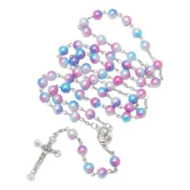 Imagem de Aoxmas Colar de rosário de pérola sintética com pingente de crucifixo, corrente longa de contas com pingente de cruz de metal banhado a prata para mulheres, Plástico, Sem Pedra Preciosa