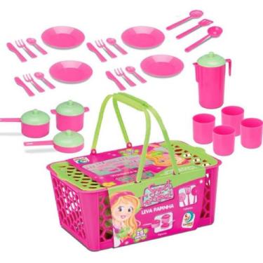 Imagem de Cesta Leva Papinha 28 Peças Brincando de Casinha Kit Cozinha de Brinqu