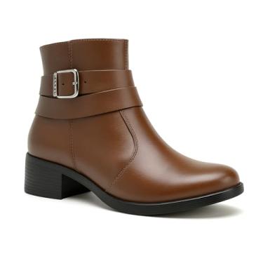 Imagem de Bota Feminina Ankle Boot em Couro, Salto Baixo, Fivela Decorativa, Sola Antiderrapante (Marrom, BR, Adulto, Numérico, 34)