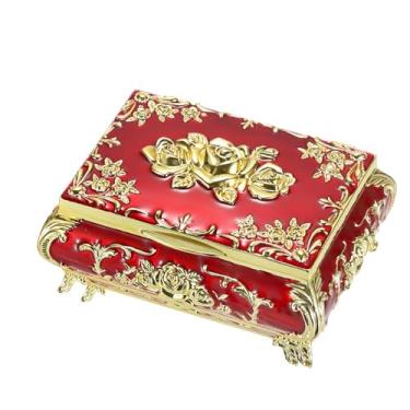 Imagem de ELLDOO Caixa de música vintage, caixa de joias musical de metal dourado, pequena caixa de armazenamento de joias de presente para meninas e mulheres (melodia: You are My Sunshine), vermelha