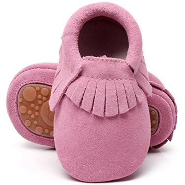 Imagem de HONGTEYA Mocassins de couro para bebês e bebês com sola rígida e borla, Camurça rosa, 12-18 Months Infant