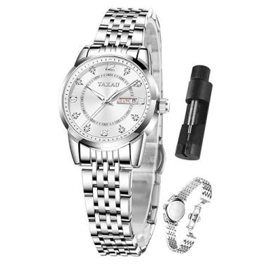 Imagem de Taxau Relógios femininos, relógio feminino de aço inoxidável com diamantes de pulso pequeno, à prova d'água, luminoso para o dia, F2 Face prata + pulseira de prata, standard, Casual