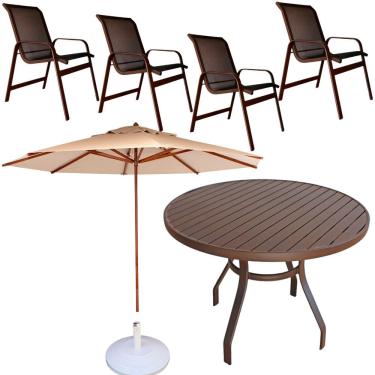 Imagem de Conjunto Lótus Com Mesa 80cm Ripada + 4 Poltronas + Ombrelone 2,40m Com Base Marrom