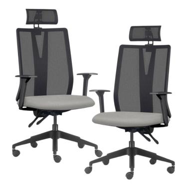 Imagem de Kit 2 Cadeiras Escritório Giratória Presidente Flow F02 Base Preta Crepe Cinza - Lyam Decor