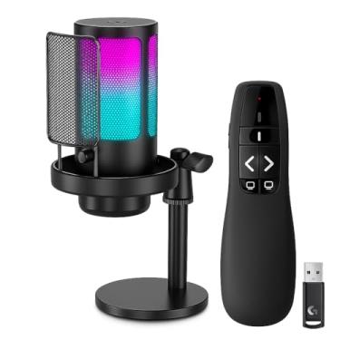 Imagem de Kit Microfone Gamer RGB Condensador USB com Iluminação LED, Apresentador Laser Wireless com Controle de Slides, Preto