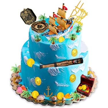 Imagem de 32 Pcs Pirate Ship Cake Topper Nautical Sailboat Model Decoration Set Gold Coins and Pirate Gems Kids Telescope Pirate Treasure Chest Compass Mini Palm Tree for Kids Pirate Birthday Party Supplies