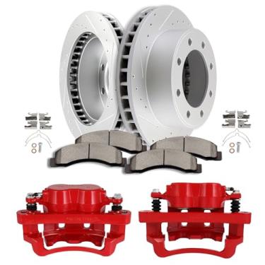 Imagem de SCITOO Kit de freio dianteiro [4] Pastilhas de freio [2] Rotores de freio [2] Pinças de disco de freio com suporte compatíveis com 2000-2005 para Ford para excursão, 1999-2004 para Ford para F-250
