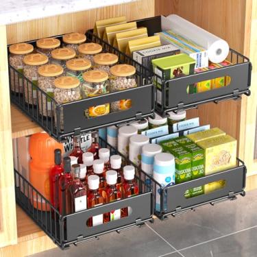 Imagem de Organizador de armário removível, pacote com 4 gavetas deslizantes resistentes NECHEGI Prateleiras de despensa fixas com cola adesiva forte e alça para cozinha, sala de estar, banheiro, casa (37,6 cm