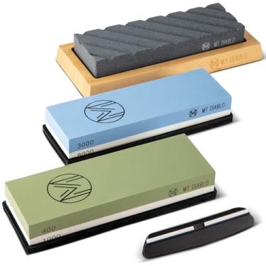 Imagem de Mt Diablo Kit de pedra de afiador de facas para chefs e marceneiros: pedras de amolar de grão duplo 400/1000 e 3000/8000, corindo branco premium, kit de afiar facas com base de bambu e guia de ângulo,