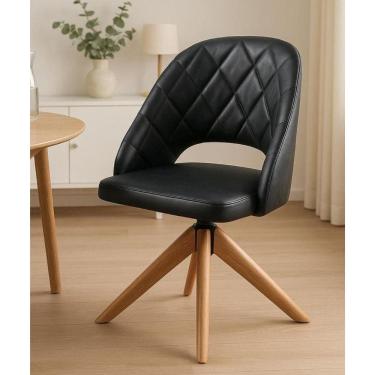 Imagem de Poltrona Estofada Com Base Giratória Em Madeira Maciça – Prada Exclusiva Courino Durango Preto