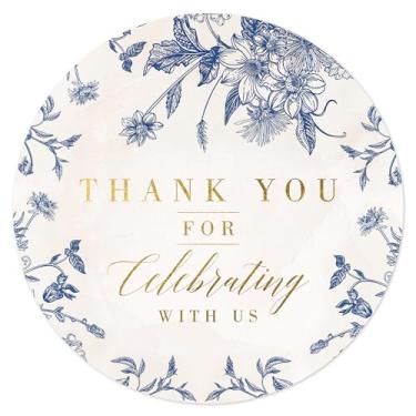 Imagem de Mobiusea Creation Adesivos Thank You for Celebrating with Us | Adesivos de lembrancinha de casamento de folha dourada | 60 peças à prova d'água 5 cm etiquetas florais azuis vintage para chá de bebê