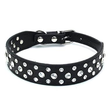 Imagem de Pimaodog Coleira para cachorro com strass, strass brilhante couro PU cristal diamante pet cão gato filhote coleira preta P M G GG (GG:40-46 cm, preto)