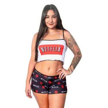 Imagem de Baby Doll Pijama Cropped Estampado Personagens e Short Ondinha Design 