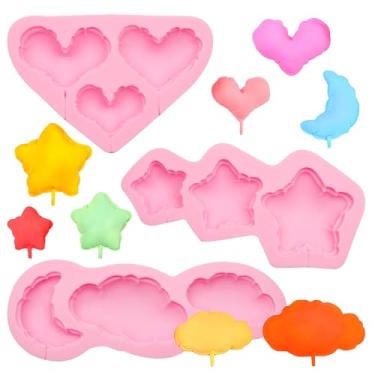 Imagem de octhallow Conjunto de moldes de silicone para bolo, formato de estrela de coração, nuvem, lua, adorável, decoração de bolo de chocolate, moldes de fondant para enfeite de cupcake, pirulito, artesanato