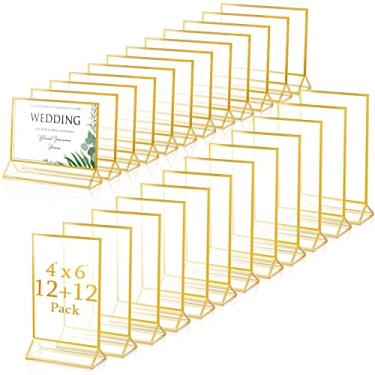 Imagem de Pacote com 24 molduras de acrílico transparente de dois lados para exibição de molduras douradas placas de acrílico com suporte 2 mm borda dourada para casamento, restaurante, escritório, casa, loja, números, placas (10 x 15 cm, horizontal, vertical)