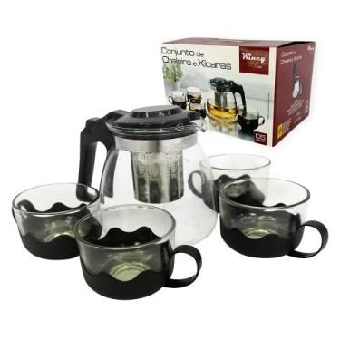 Imagem de Conjunto de Chaleira com Infusor 1L e 4 Xícaras em Vidro, Base Preta, 150ml por Xícara