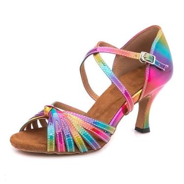 Imagem de SWDZM Tênis feminino de dança de salão latino para prática profissional em ambientes fechados, Arco-íris, 35