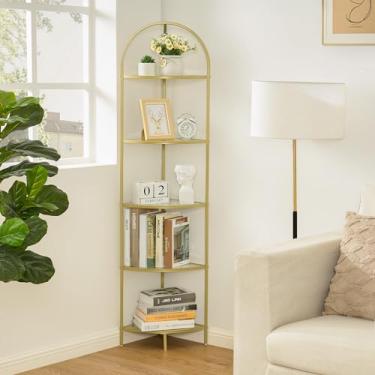 Imagem de Homhedy Suporte de prateleira de canto de 5 camadas, estante de canto de metal, prateleiras de vidro temperado, prateleira de armazenamento de banheiro, suporte de plantas, estilo moderno, dourado