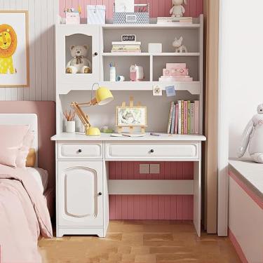 Imagem de Mesa De Computador De Madeira Com Hutch & Estante & Gavetas - Mesa De Estudo De Escrita Fofa Combo De Estante Para Menina Menino - Mesa De Escritório Em Casa Mesa Para Adolescentes, White, 31.5inch