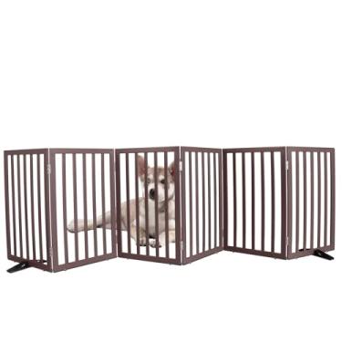 Imagem de ZJSF Portão interno independente para cães, para casa, dobrável, de madeira, branco, para portas, portão para animais de estimação para escadas, cerca extra larga para animais de estimação, marrom, 81