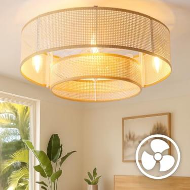 Imagem de Ventiladores de teto Boho de 50 cm com luzes embutidas, ventilador de teto sem lâminas de vime com luz, baixo perfil pequeno lustres com luzes e controle remoto para quarto, sala de jantar