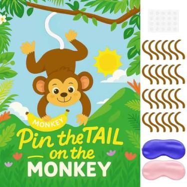 Imagem de Jogos de animais da selva: prenda a cauda no macaco com pôster, 24 adesivos de cauda e venda para artigos de festa de safári zoológico na floresta