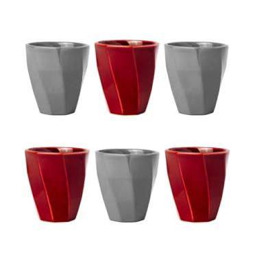 Imagem de Kit 6 Copos Cerâmicos Louça 260ml Design Moderno, Ideal para Café, Chá, Bebidas Quentes, Porta Objetos e Escovas - E-FCS Store (Cinza/Magenta)