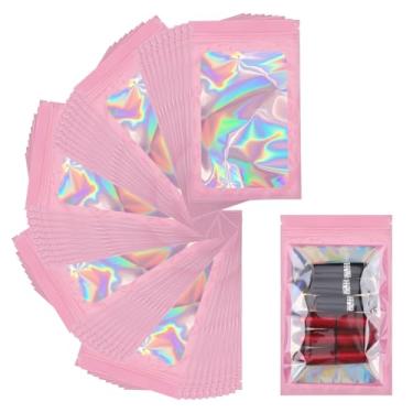 Imagem de Svaldo Sacos Ziplock holográficos, pacote com 100, sacos de embalagem rosa para pequenas empresas, amostra, joias, pulseira, brilho labial, embalagem de doces, armazenamento de alimentos, 12 x 18 cm