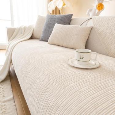 Imagem de Foreate Capas de sofá de chenille para sofá, listradas, para cães, antiarranhões, capa de sofá lavável, antiderrapante, protetor de móveis, 1 peça/nem todo conjunto (creme, 89 cm x 208 cm)