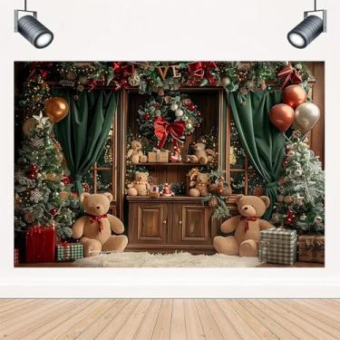 Imagem de Árvore de Natal, pano de fundo, fotografia de urso, cortina verde, armário de madeira, decoração de Natal, foto de fundo, faixa de festa de Natal e ano novo, adereços para fotos de família (18 x 1,5 m