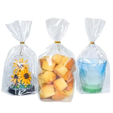 Imagem de Lhocm Sacos de presente transparentes com reforço inferior: 100 peças 15 x 23 cm sacos de guloseimas transparentes de celofane com 60 peças de laços torcidos para embalagem de lembrancinhas de festa