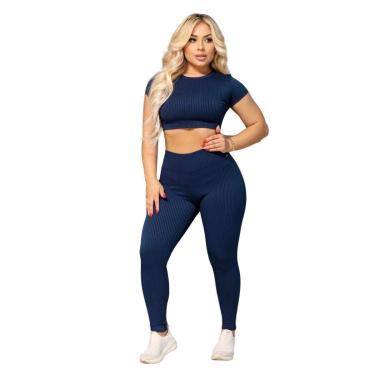 Imagem de Conjunto Legging e Cropd Manguinha Vih Triny Canelado Poliéster Moda Fitness Academia-Feminino