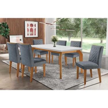 Imagem de Sala De Jantar Completa Londrina Com tampo Madeirado Canto Reto 180x90cm E 6 Cadeiras Jade Imbuia - Linho Grafite - Rufato