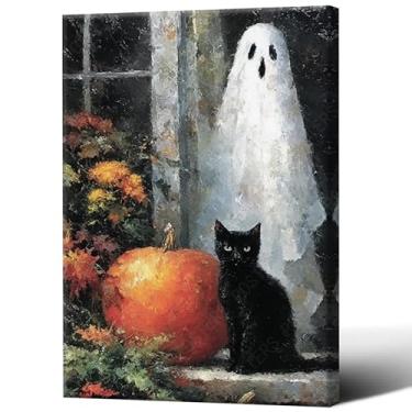Imagem de Arte de parede em tela de fantasma de terror, impressão de pôster de gato preto de Halloween, decoração de parede Dark Academia para casa, quarto, sala de estar, 30 x 45 cm, sem moldura
