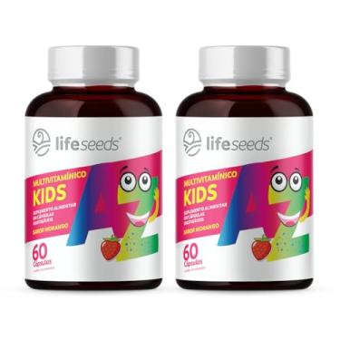Imagem de Multivitamínico AZ Kids - Vitaminas A, D, E, K, C, B1, B2, B3, B5, B6, B7, B9, B12, Cálcio, Cromo, Ferro, Magnésio, Selênio e Zinco - Sabor Morango – 2 Potes - 120 Cápsulas Mastigáveis