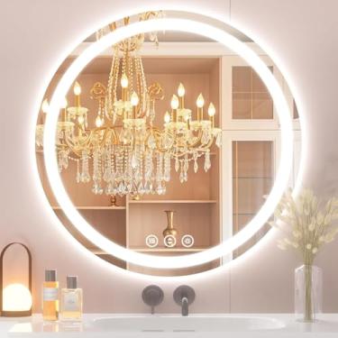 Imagem de Lmsedf Espelho Redondo De Banheiro Com Led E Luzes, Retroiluminação E Iluminação Frontal, Espelho De Vaidade De Parede 3000K/4000K/6000K, Funções De Memória, Antiembaçante, Espelho Inteligente Regul