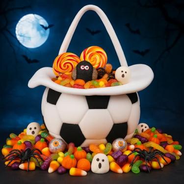 Imagem de Simgoing Cesta de doces de futebol de Halloween, bolsa de doces ou travessuras, cesta de presente de futebol para decoração de festa de aniversário de futebol