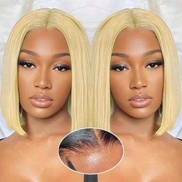 Imagem de GUDOZO 9 x 6 HD 613 Peruca frontal de cabelo humano sem cola, peruca de cabelo humano pré-arrancado pré-cortado, peruca de cabelo humano sem cola, cabelo humano 200% densidade, curto, liso, bob