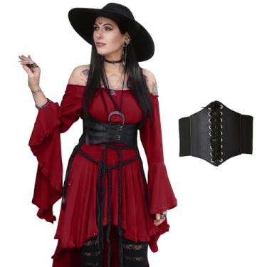 Imagem de BITSEACOCO Vestido feminino de ombro de fora gótico bruxa alto e baixo vitoriano medieval vestido de fada cosplay fantasias de Halloween, Vinho tinto, Small