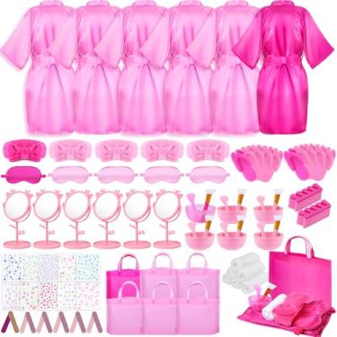 Imagem de Guifizeiom Artigos de festa de spa para meninas, 6 roupões de cetim para crianças, spa, aniversário, festa do pijama, kit de suprimentos, 5pink1rose, One size fits all