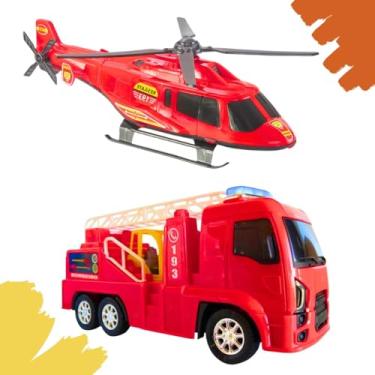 Imagem de Kit 1 Helicóptero 1 Caminhão De Bombeiro Criança Infantil Educativo