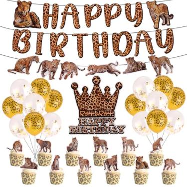 Imagem de Decorações Aniversário Chita, Faixa Happy Birthday Estampa Leopardo Pré-Montada Balões & Topo Bolo Coroa Grinalda Chita & Conjunto Decoração Cupcakes para Festa Safari Animais Selva