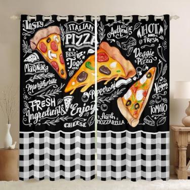 Imagem de Cortina de janela de pizza, American Fast Food para decoração de quarto de crianças, meninas, meninos, adolescentes, desenho animado delicioso, cortina de tratamento de janela, preto e branco