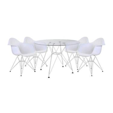 Imagem de Mesa De Jantar Vidro Redonda 110Cm Com 4 Poltronas Brancas Ferro Branc