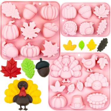 Imagem de Conjunto de moldes de silicone de Ação de Graças de 3 peças - Moldes de assado de abóbora, peru e bolota com detalhes de folha de bordo para crosta de torta, biscoitos, chocolate, velas - Ferramentas