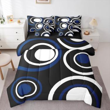 Imagem de Erosebridal Conjunto de edredom Queen com vórtice preto e azul, para adultos, mulheres, homens, chique, geométrico, abstrato, listrado, círculos estéticos, conjunto de cama de 7 peças, boêmio, moderno
