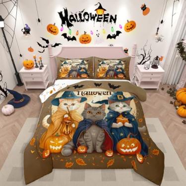 Imagem de Erosebridal Conjunto de edredom para crianças, decoração de Halloween, lanterna, abóbora, tamanho casal, gato, fantasma gótico, para meninos, adolescentes, adultos, decoração de quarto de morcego