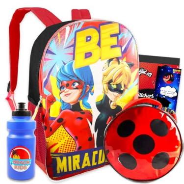 Imagem de Conjunto escolar Miraculous Ladybug e lancheira - Pacote com mochila Miraculous Ladybug de 40,64 cm, lancheira isolada, garrafa de água e mais (material escolar de joaninha iraculosa),