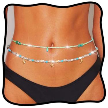 Imagem de Urieo Corrente de cintura com contas, joia de corpo de ouro, estrela-do-mar, correntes de barriga em camadas para mulheres (pacote com 2), Total length 90cm /35.43in, liga metálica, Liga metálica.