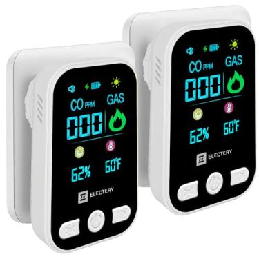 Imagem de Pacote com 2 detectores de monóxido de carbono e alarme de gás natural – Detector portátil 4 em 1 com bateria reserva, visor LCD, temperatura e umidade, sensor de vazamento de CO e gás para casa